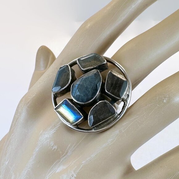 Labradorite Ring, Sterling Silver, Statement, Big, Vintage, Size 7 3/4 - Picture 3 of 7